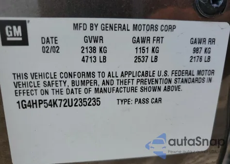 2002 Buick Lesabre Custom z USA, uszkodzony, nr VIN 1G4HP54K72U235235